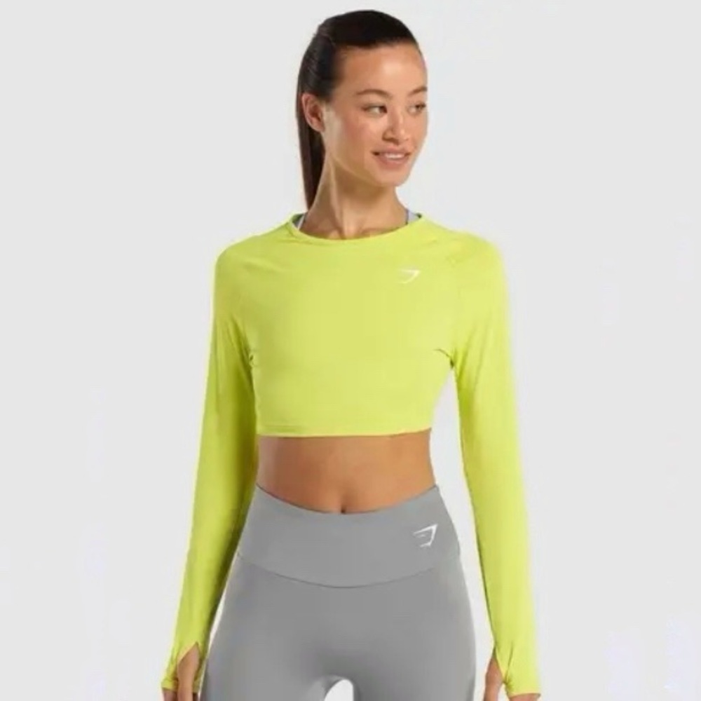 Gymshark Vital Crop Top Size M Neon Green Seamless Long Sleeve Gym Top Thumbhole